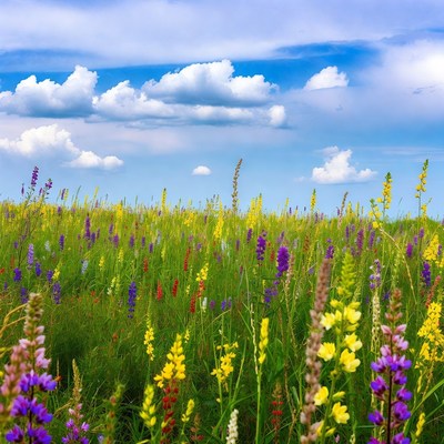 Colorful wildflower field under blue sky