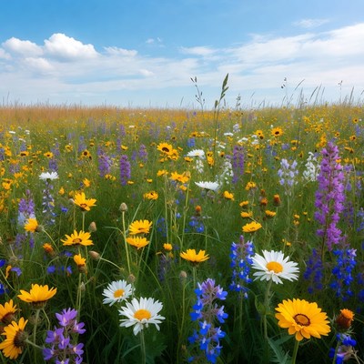 Colorful wildflower field under blue sky