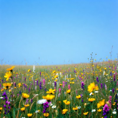 Colorful wildflower field under blue sky