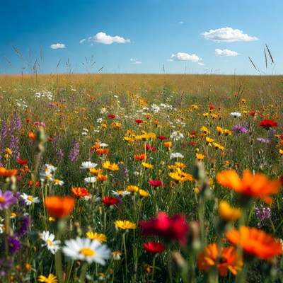 Colorful Wildflower Field Under Blue Sky