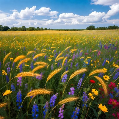 Golden Wheat Field with Wildflowers