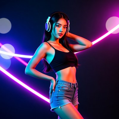 Asian woman wearing headphones neon lights
