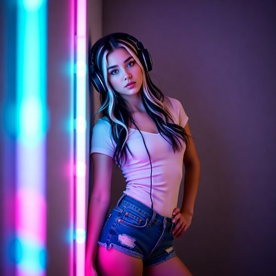 Woman with headphones by neon wall