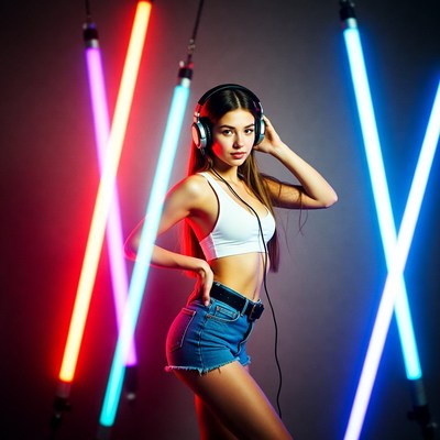 Woman in headphones with neon lights