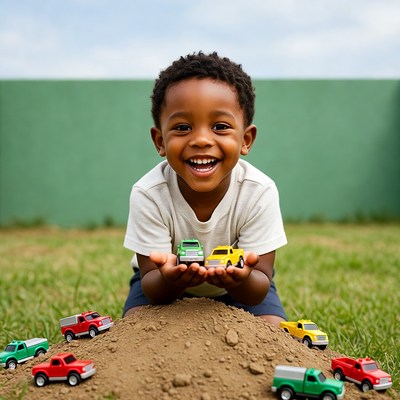 African-American boy holding toy trucks