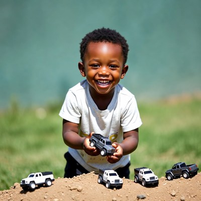 African-American boy playing with toy trucks