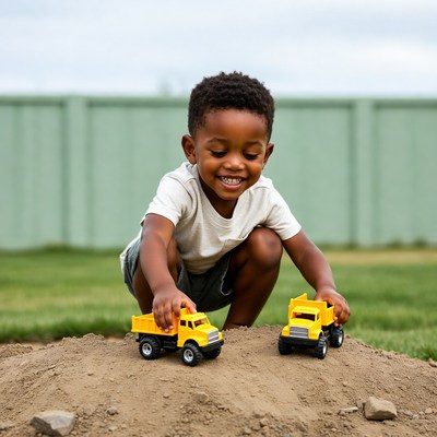 African-American boy playing with dump trucks
