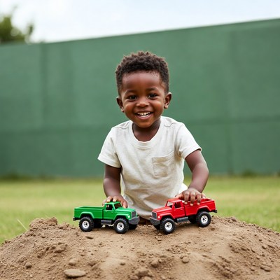 African-American boy holding toy trucks