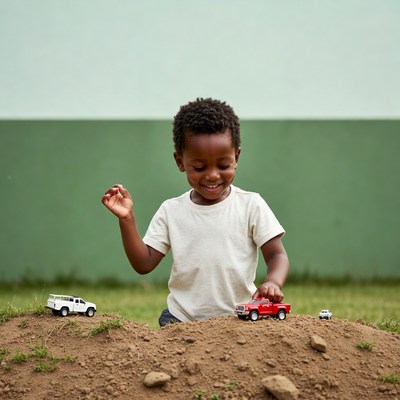 Black toddler playing with toy cars
