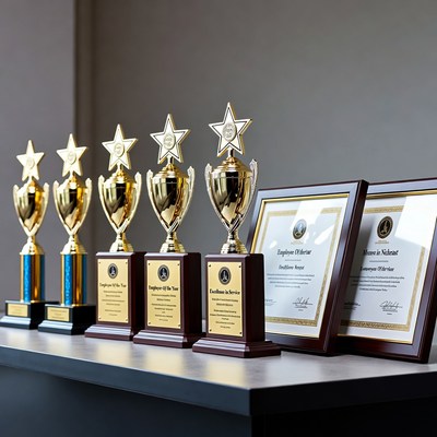 Row of Gold Trophies and Awards