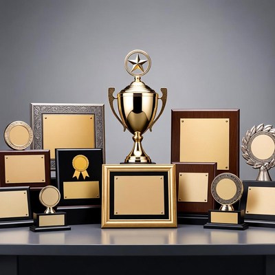 Assortment of Gold Trophies and Awards