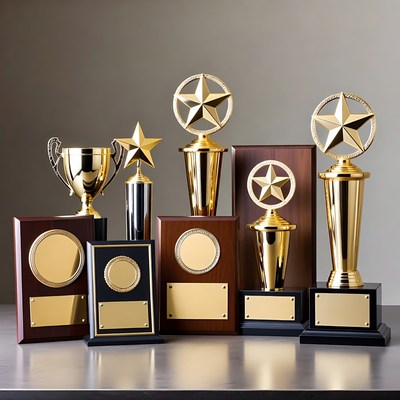 Assortment of Gold Trophies and Awards