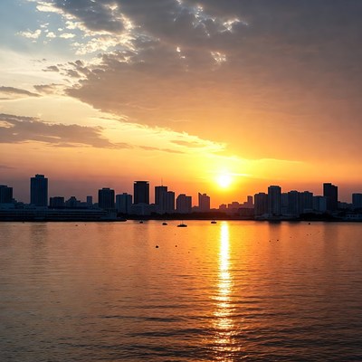 Sunset over city skyline and water