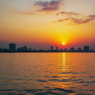 Sunset over city skyline and lake