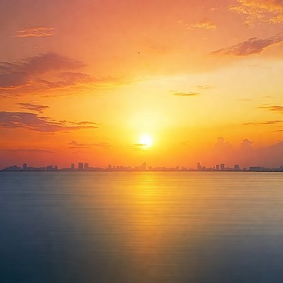 Sunset over city skyline and water