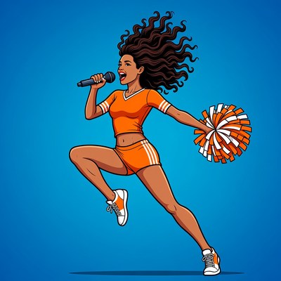 African-American woman cheerleader singing with pom poms