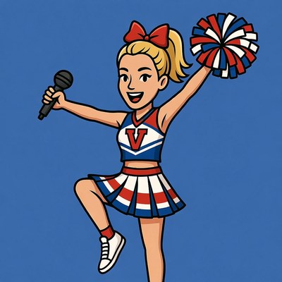 Blonde cheerleader holding microphone