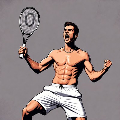 Muscular man celebrating with tennis racket
