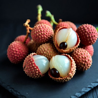 Fresh Lychees on Black Slate