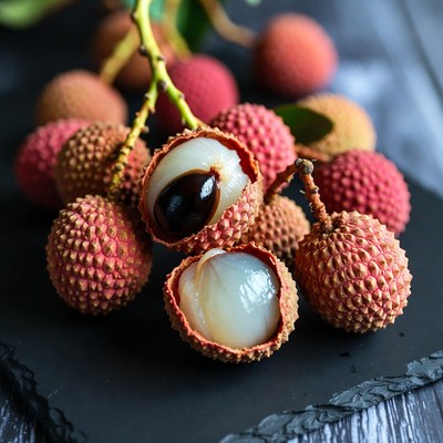 Fresh Lychees on Dark Slate