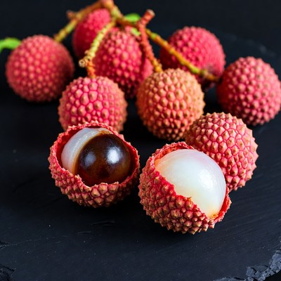 Fresh lychees on black slate