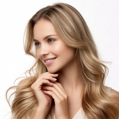Blonde woman smiling profile view