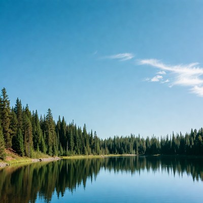Pine Forest Reflecting in Calm Lake