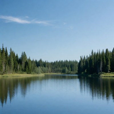 Forest-lined Calm Lake Reflection