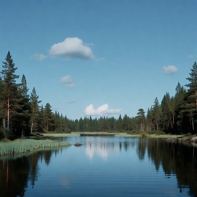 Pine Forest Surrounding Calm Lake