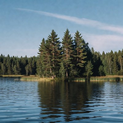 Pine Trees on Island in Lake