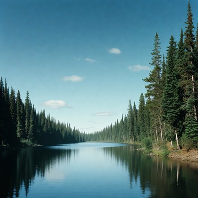 Forest-lined Calm Lake Reflection