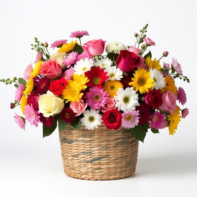 Colorful Flowers in Wicker Basket