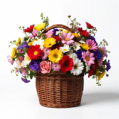 Colorful Flowers in Wicker Basket