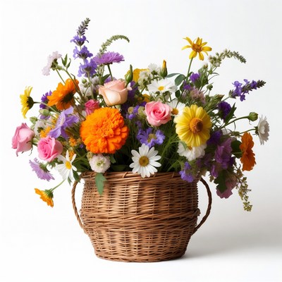 Colorful Flowers in Wicker Basket
