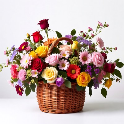 Colorful Flowers in Wicker Basket
