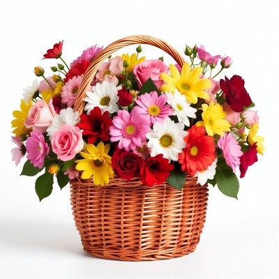 Colorful Flowers in Wicker Basket