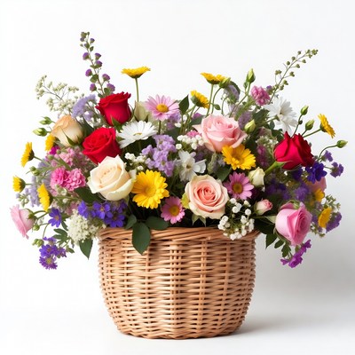 Colorful Flowers in Wicker Basket