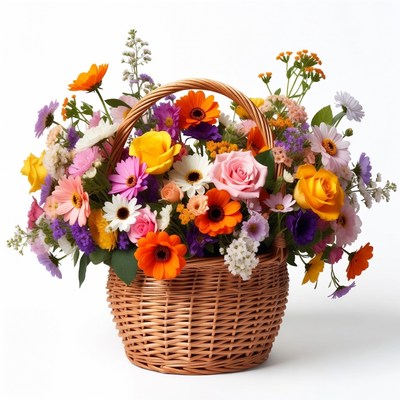 Colorful Flowers in Wicker Basket