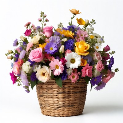 Colorful Flowers in Wicker Basket