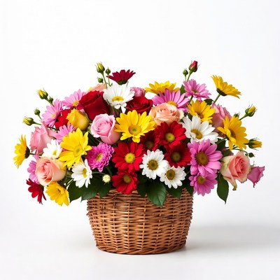 Colorful Flowers in Wicker Basket