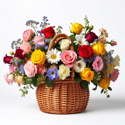 Colorful Flowers in Wicker Basket