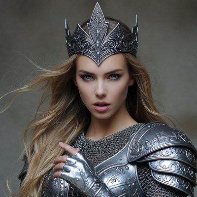 Blonde woman in ornate silver crown and armor