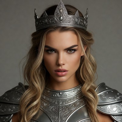 Blonde woman wearing crown and armor