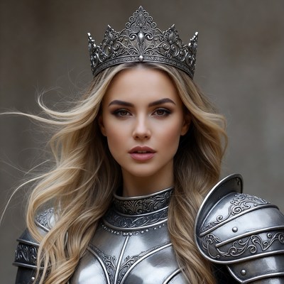 Blonde woman in silver crown and armor