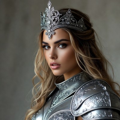 Blonde woman in silver crown and armor