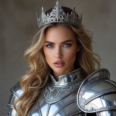 Blonde woman in silver crown and armor