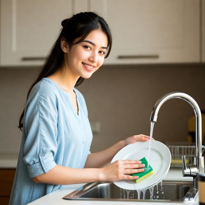 Asian woman washing dish in kitchen