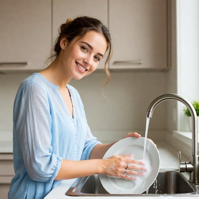 Woman washing dish in kitchen