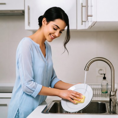 Woman washing dishes in kitchen