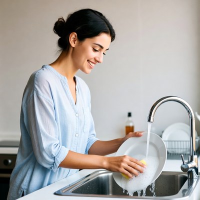 Woman washing dish in kitchen sink